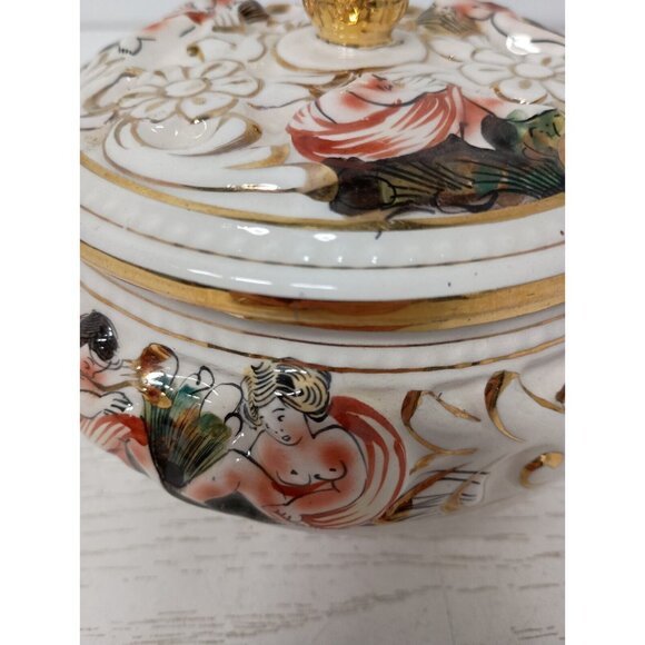 Vintage Capodimonte Bernini Porcelain Cherub Footed Lidded Hand Painted Dish - Picture 2 of 9